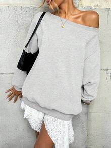 Women's Fleece Lined Off Shoulder Long Sleeve Oversized Pullover Top, Slouchy Basic Sweatshirt 8UTF - Gray - 查看 4