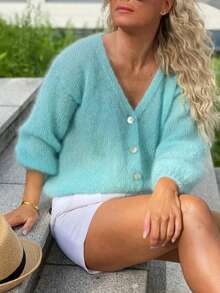 Plus Size Women's Solid Color Long Sleeve Single-Breasted Casual Knit Cardigan, Autumn/Winter - Mint Green - View 2