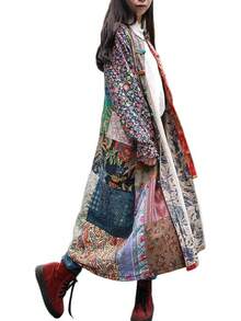 LUZU JUNU Women's Trench Coat Floral Print Long Cotton Linen Jacke Cottagecore Clothing Patchwork Outwear Bohemian Unique - 復古灰 - 查看 1