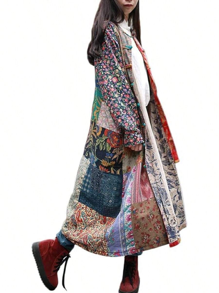 LUZU JUNU Women's Trench Coat Floral Print Long Cotton Linen Jacke Cottagecore Clothing Patchwork Outwear Bohemian Unique - 復古灰 - 查看 1