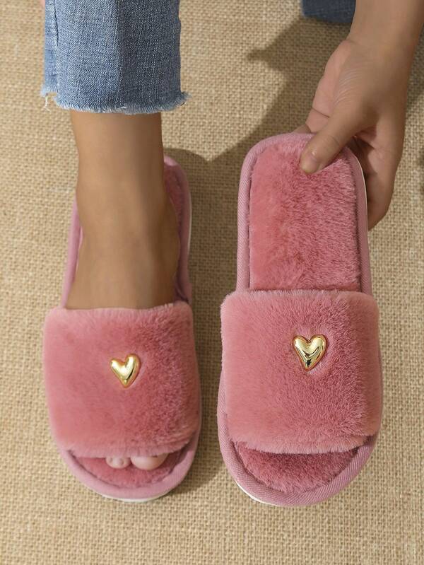 Premium Fashion Heart Decor Plush Slippers For Women, Soft & Comfortable Soft-Sole Lightweight, Suitable For Living Room & Bedroom, All Season