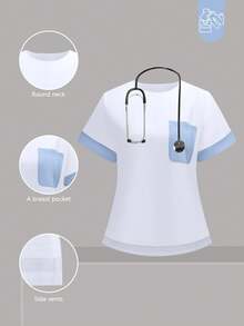 cimmuovere Damen Kontrast V-Ausschnitt Kurzarm Taschen Lässig Pflege Uniform Frostoptik Oberteil