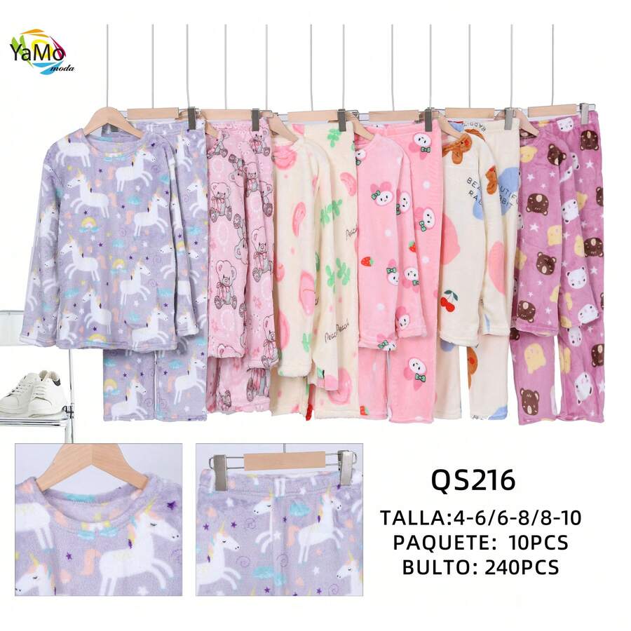 10 SET POR PAQUETE Conjunto de pijama de 2 piezas para niña con dibujos animados de manga polar, suave y cómodo (incluye pantalones), adecuado para otoño e invierno. - Caqui - Ver 1