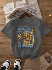 Lemonade Graphic Print Women's T-Shirt Short-Sleeved Round Neck Casual Top Summer Spring Women's Clothing - 深灰色 - 查看 2
