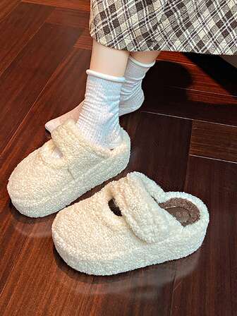 Women's Warm Closed Toe Slippers, 2025 New Winter Thick Sole Non-Slip Slippers With 7cm High Heel, Plush Slip-On Slippers, Solid Color Fashion Versatile Outdoor Wear, Suitable For Photography, Vacation, Casual, Cute JK Style, Lightweight Simple Slip-On, For Pregnant Women, Closed Toe Slippers
