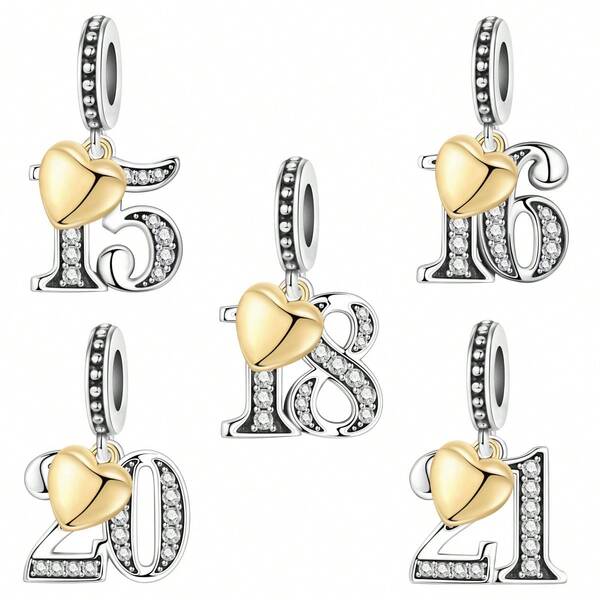 CYCUFF 1 pieza Colgante de número de edad con baño de plata plateada de moda para aniversario y cumpleaños - Número 15 / 16 / 18 / 20 / 21, Colgante con forma de corazón con baño de oro de 18K para hacer pulseras, manualidades y regalos de cumpleaños para familia, parientes y amigos