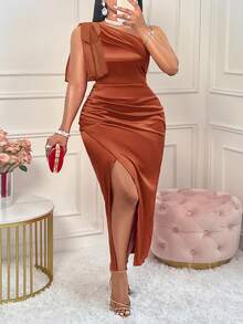 BIUBIU Plus Size Women's Sexy Red Bow Shoulder Ruched High Slit Satin Solid Color Dress, Suitable For Party, Wedding, Anniversary And Other Occasions Elegant Summer - Rust Brown - View 7