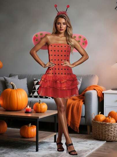 Women Halloween Insect Costumes Cute Bee Ladybug Dress And Wings Headband Set For Christmas Cosplay Party Outfits