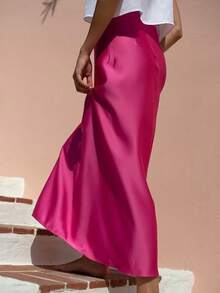 Simple Plain Satin Long Skirt For Daily Use And Elegant With Zipper Beachwear - Rosa Roja - Ver 2