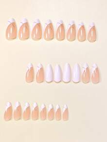 24 片亮面杏仁形指甲，白色法式边缘和金色条纹设计，优雅精致的假指甲贴片，带锉条，适合女士和女孩，果冻凝胶，随机发货，按压式指甲，美甲用品，指甲 - 彩色 - 查看 2