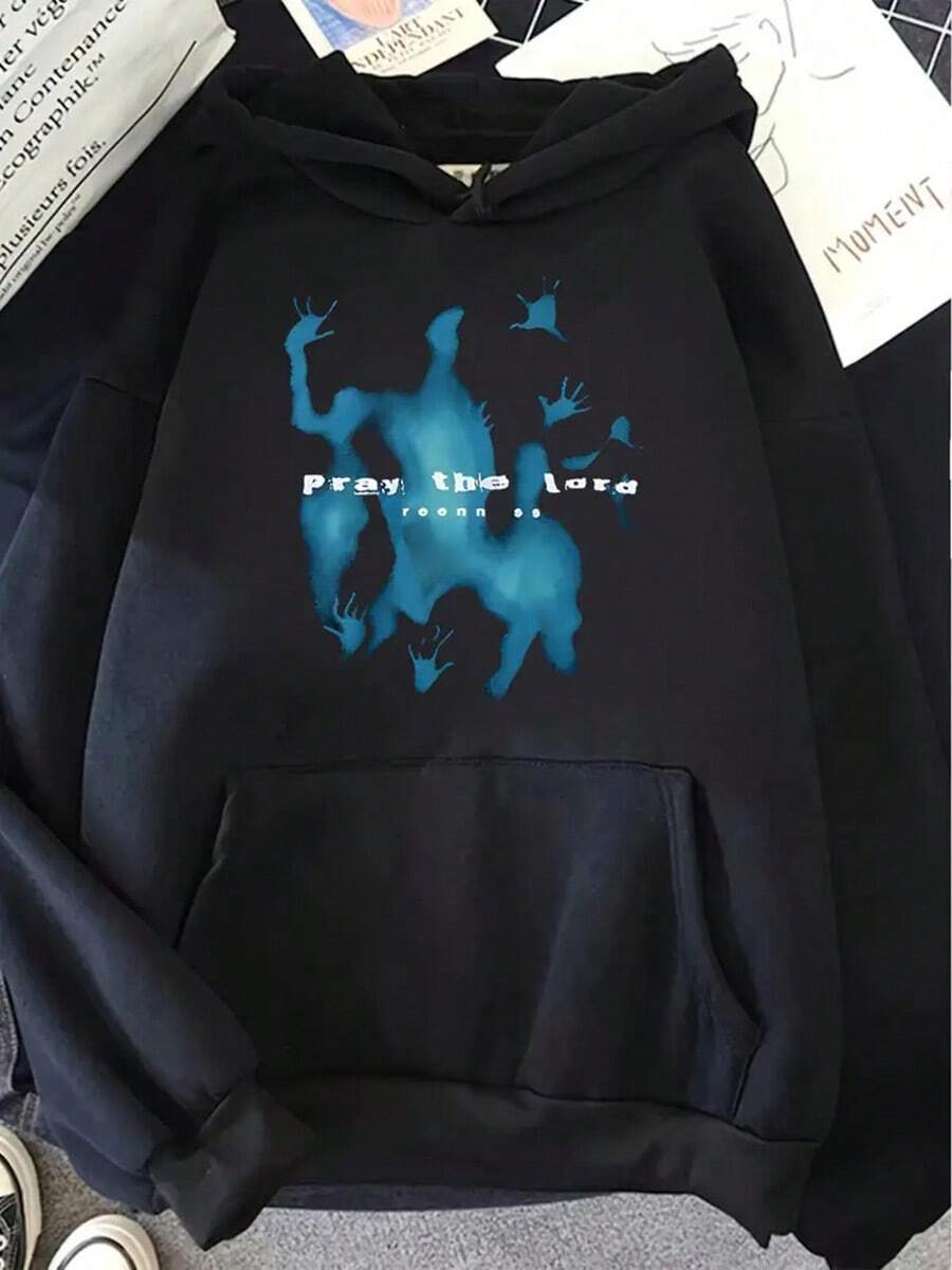 Men's Heavyweight Hoodie - Light Grey Pullover Sweatshirt For Gym, Running, Outdoor Activities - Machine Washable Athletic Hoodie For Everyday Casual Wear, Artistic Print, Comfortable Fit,Fall Hoodies,Men's Fall Clothes,Street Wear,Halloween,Mens Hoodies,Y2k Clothes,Jesus Hoodie,Thanksgiving Day,Nightmare Before Christmas,Christmas - Black - View 1