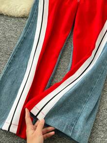 Valentine's Day, Date Night Outfit, Gifts For Her Magic Mia Women's Denim Patchwork Co-Ord Set - Matching Jeans Set With Color Block Design | Long Sleeve Tracksuit & Contrast Stitching For Streetwear Athleisure Fall And Winter - Đỏ - Xem 5