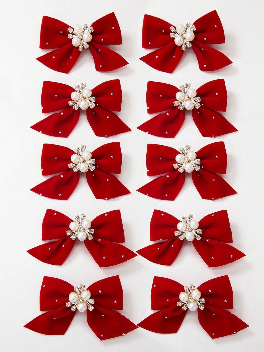 5pcs/Set Girls Velvet Butterfly Clips With Pearl Flower Decor, Red Fabric Hair Clips, Barrettes, Side Clips, Bangs Clips, Rhinestone Hair Accessories, Suitable For Valentine's Day, Christmas, Daily Use - Red - View 1