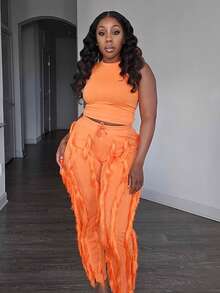 Women 2 Piece Outfits Fringe Tassel Long Pants Set Adjustable Suspenders Bodysuit Strap Clubwear Jumpsuits Solid Color Wave Pattern, V-Neck Suitable For All Seasons, Elegant Backless  Semi Transparent Camisole Straight Leg Pants For Spring And Summer - 橘色 - 查看 5