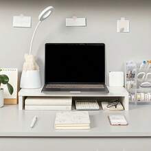 1pc Single-Layer Wooden Computer Desk Riser, White Office Storage Rack, Multifunctional Tabletop Monitor Stand With Drawer Base. Wooden Monitor Stand, Home And Office Desk Riser, Laptop Stand. Suitable For Graduation Gifts, Bachelor Party Gifts, Bridesmaid Gifts, Father's Day Gifts, Halloween Decor - White - View 5