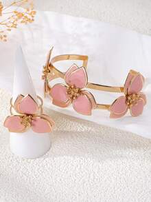 Bộ 2 vòng tay và nhẫn hoa nhiều lớp tinh dầu nhỏ giọt thanh lịch, thích hợp cho phụ nữ đeo khi đi dự tiệc và đi nghỉ - Hồng - Xem 5