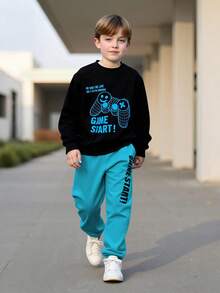 2pcs/Set Older Boys' Casual Gaming Controller Print Long Sleeve Sweatshirt And Pants Suit, Street Fashion Warm Outfit For Spring, Autumn & Winter - Blue - View 2