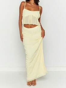 Womens Two Piece Summer Outfits Sleeveless Ruffle Hem Cami Tops And Long Skirt Set Beachwear - 黃色 - 查看 1