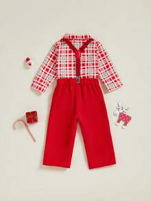 Baby Boys Christmas Outfit Long Sleeve Lapel Plaid Romper Suspender Pants Sets