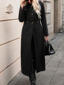 Women's Elegant Casual Daily Waist-Cinched Stand Collar A-Line Solid Color Long Sleeve Overcoat, Solid Color Front Button Formal Evening Wear - Black - View 3