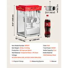 Popcorn Machine, 8oz Stainless Steel Kettle, 800W Commercial Countertop Popcorn Maker, 48 Cups Per Batch Theater Style Popper, With 2-Button Control Glass Wall PC Door 1 Scoop 3 Spoons, Red - 查看 7