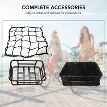 Nuestra cesta trasera, hecha de material metálico sólido y resistente para soportar 30 kg / 66 libras, mide 17x13 X6 pulgadas y es adecuada para llevar comestibles, loncheras, amigos Peludos y otros artículos. nuestra cesta trasera está equipada con todos los componentes necesarios para instalarse de forma rápida y fácil en la mayoría de bicicletas y bicicletas eléctricas. el revestimiento negro y la red de carga evitan que sus artículos caigan, asegurando que sus artículos estén seguros al montar. nuestro conjunto de cesta trasera para bicicletas incluye una canasta metálica, un revestimiento negro, una red de carga y un conjunto de accesorios de instalación. - Negro - Ver 10