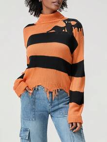 Women's Striped Halloween Sweater Vintage Loose High Neck Long Sleeve Ripped Irregular Hem Tops For Fall Winter - Orange - View 1