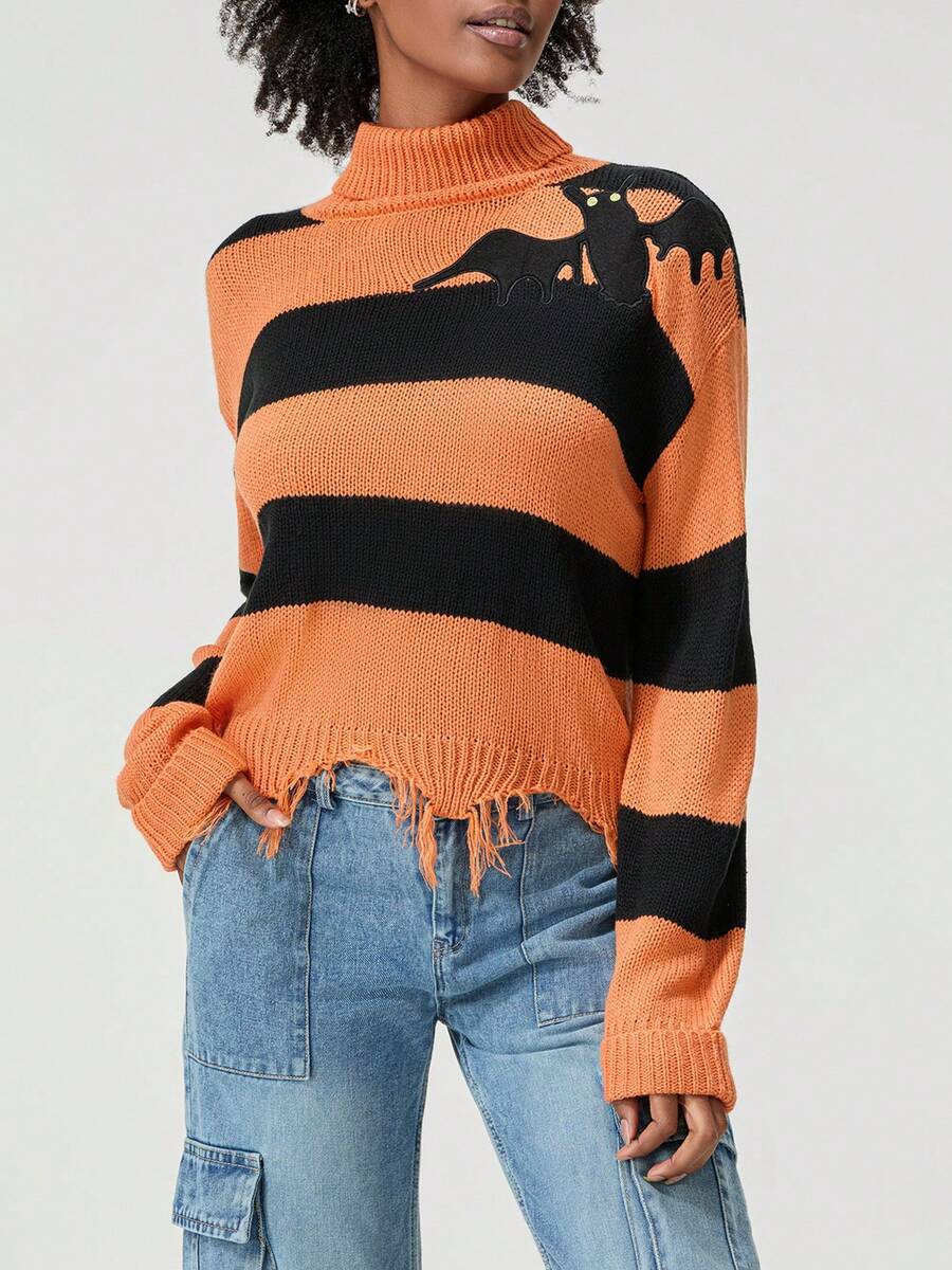 Women's Striped Halloween Sweater Vintage Loose High Neck Long Sleeve Ripped Irregular Hem Tops For Fall Winter - Orange - View 1