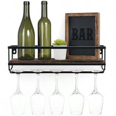 Wall Mounted Wine Rack Bottle Glass Holder Wood Rustic Floating Racks With Stemware Hanger Modern Plants Photos Wine Bottles Display Wall Storage Shelf For Kitchen Dining Room Home Bar