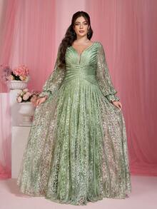 Mgiacy,New Arrival,V-Neck, Print, Lace, Short Sleeve, Tie, Big Swing, Evening Dress,FOR,Prom Wedding,Party Dress,Wedding Guest Dress, Evening Dress