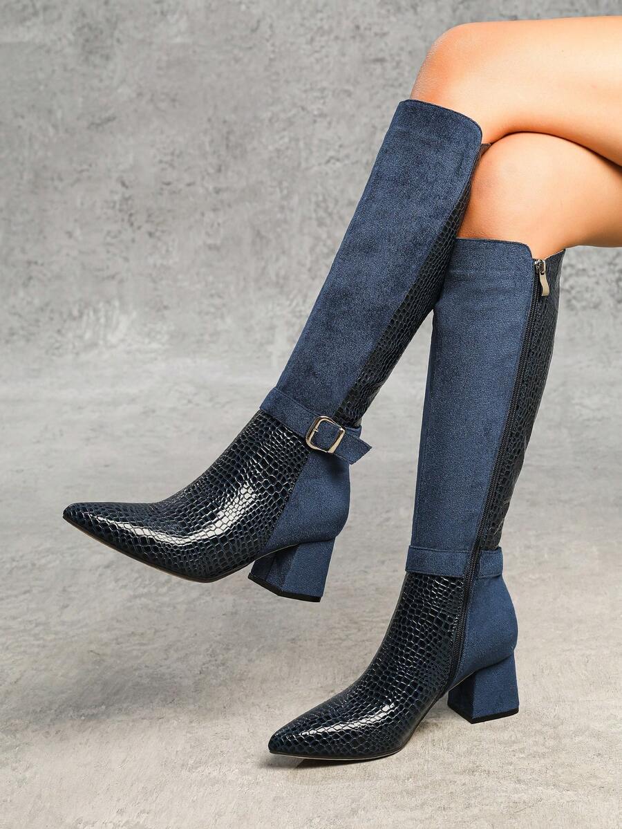 秋冬女式性感时尚皮带扣装饰尖头粗高跟休闲百搭侧拉链蓝色过膝靴，及膝靴