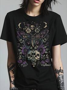 Gothic Moth Shirt - Pastel Goth Butterfly T Shirt, Witchy Floral Skull Tshirt, Dark Academia Top, UNISEX Botanical Tee,100% Cotton Oversized Short Sleeve Classic Heavy Cotton T Shirt Printed Graphic Tee Women's Casual Short-Sleeved Top - màu đen - Xem 1