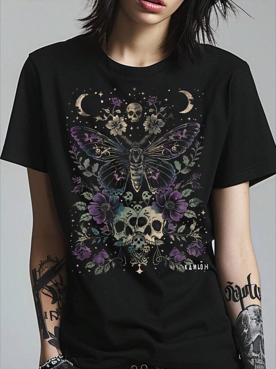 Gothic Moth Shirt - Pastel Goth Butterfly T Shirt, Witchy Floral Skull Tshirt, Dark Academia Top, UNISEX Botanical Tee,100% Cotton Oversized Short Sleeve Classic Heavy Cotton T Shirt Printed Graphic Tee Women's Casual Short-Sleeved Top - màu đen - Xem 1