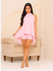 Women's Loose Halter Jumpsuit Set In Fresh Duna Fabric - Baby Pink - View 1