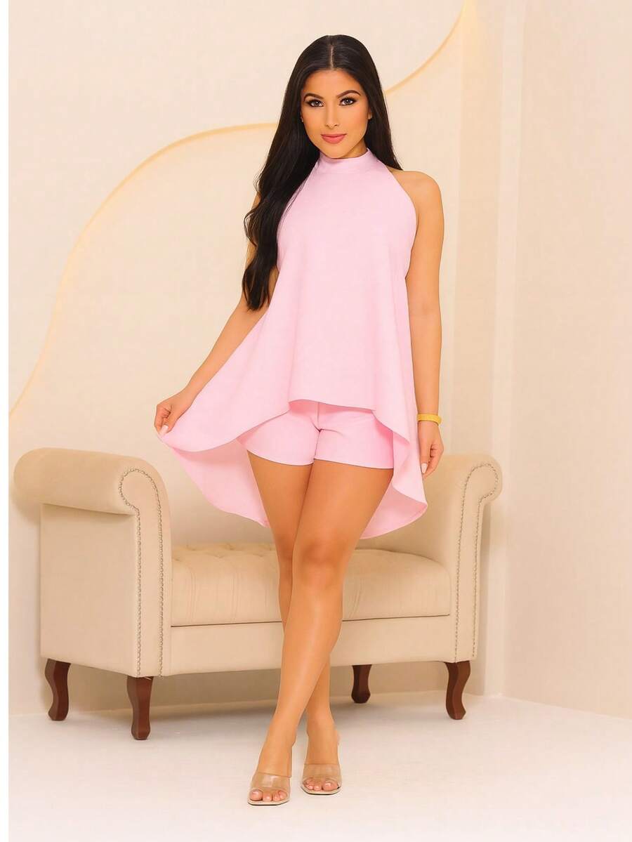 Women's Loose Halter Jumpsuit Set In Fresh Duna Fabric - Baby Pink - View 1