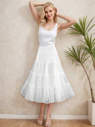 Long Soft Tulle Petticoat For Women - Lightweight Fluffy Underskirt For Wedding Bridal Prom Party Dresses, One Size Fits Most