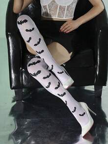 1 par de calcetines divertidos con estampado de murciélago hasta la rodilla, adecuados para Halloween