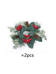 1pc/2pcs Winter Realistic Christmas Candle Rings - Classic Xmas Door And Wall Hanging Adornments With Artificial Greenery, Fake Pine Cones, Faux Red Berries, Suitable For Home Decor Living Room,Room Candlesticks Decor,Bedroom Candle Small Wreath Decor