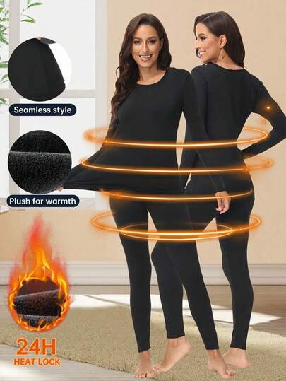 2件女士保暖内衣套装，长款打底衫套装，女士运动内衣套装，上衣和下装，女士柔软睡衣套装，纯黑色，简约设计，弹性面料适合秋冬寒冷天气。