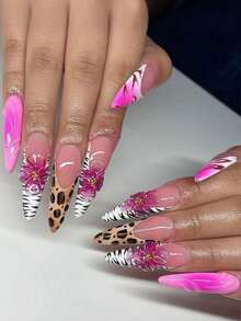 30 miếng dán móng tay họa tiết da báo Pháp và hoa hồng 3D hình hạnh nhân đính đá, thích hợp cho phụ nữ và bé gái sử dụng trong các bữa tiệc, dạ hội và hàng ngày, có thể tháo rời và tái sử dụng. - Nhiều màu - Xem 1