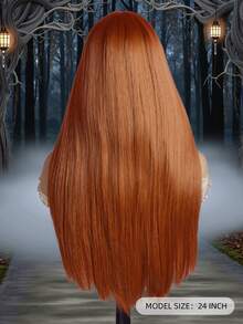 24英寸橙色高温丝假发，带刘海，优雅玫瑰网帽，外观自然，耐热，适合各种肤色，可用于万圣节和圣诞节。 - 橘色 - 查看 5