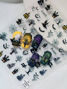 A Halloween Day Of The Dead Nail Sticker With Relief Hand Drawn Design, Dark Gothic Style, Featuring Dark Style Patterns Such As Bats, Spider Webs, Castles, Etc., Suitable For Personal DIY And Nail Salon Use