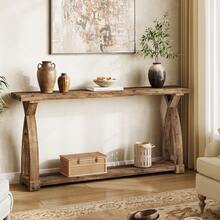 LITTLE TREE Console Table Sofa Table For Entryway, 63-Inch Long Solid Wood Farmhouse Couch Table Behind Sofa With 2-Tier Storage Shelf For Living Room, Foyer, Hallway - 棕色 - 查看 7