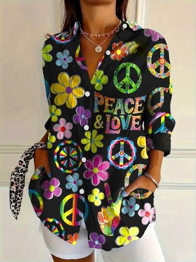 ii Plus Size Women Casual Printed Shirt, Loose Design Button Long Sleeve Blouse