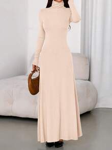Women's Dress Fall Long-Sleeved Turtleneck Stylish Slim-Fit Knitted Maxi Dress Wedding Guest Party Casual Wear - 杏色 - 查看 6