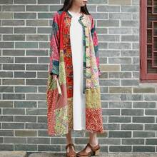 LUZU JUNU Women's Trench Coat Floral Print Long Cotton Linen Jacke Cottagecore Clothing Patchwork Outwear Bohemian Unique - 黃色 - 查看 7