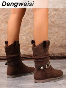 Coffee Pleated Strap Buckle Slip-On Low Heel Round Toe Comfortable Versatile Elegant Daily Commute Office Fashion Mid-Calf Boots For Women - Coffee Brown - View 3