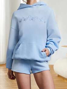 Women Fall Winter Hoodies Stylish Butterfly Embroidered Long Sleeve Pullovers Casual Loose Fit Hooded Sweatshirt Work Office Streetwear 1 Pcs 500g Rams 35% Cotton 65% Polyester Top - Blue - View 4