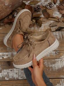 1 paire de nouvelles chaussures de sport casual pour femmes, couleur unie, tricot sport à lacets, convient pour le casual, les vacances, la maison, le bureau, toutes les saisons, baskets pour femmes - Kaki - Voir 3