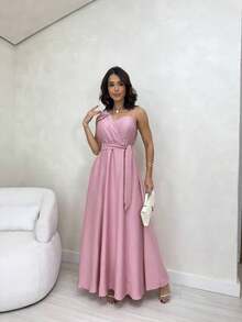 Women's Long Dress With Wrap Neckline And Lastex Cup - Elegant For Parties, Weddings And Special Events - 乾枯玫瑰色 - 查看 3